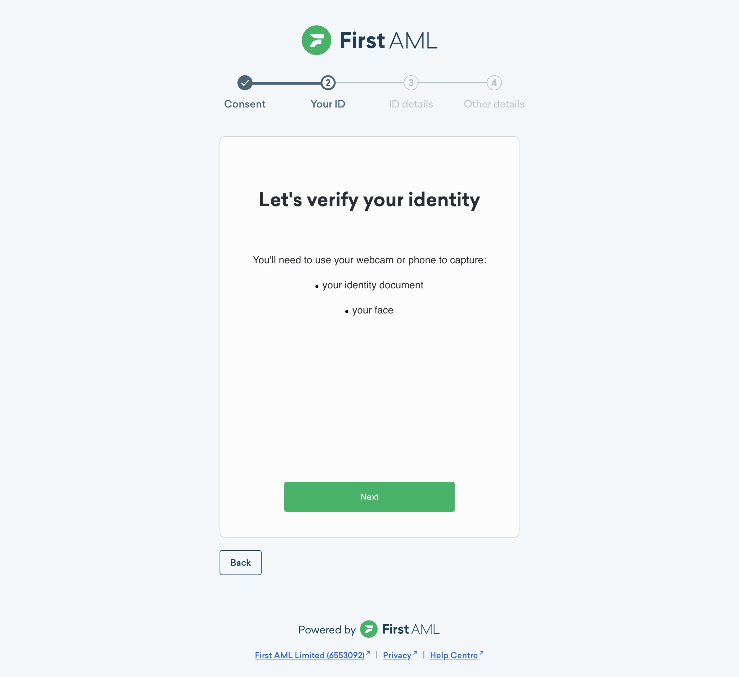 Verify your identity page with next button highlighted green
