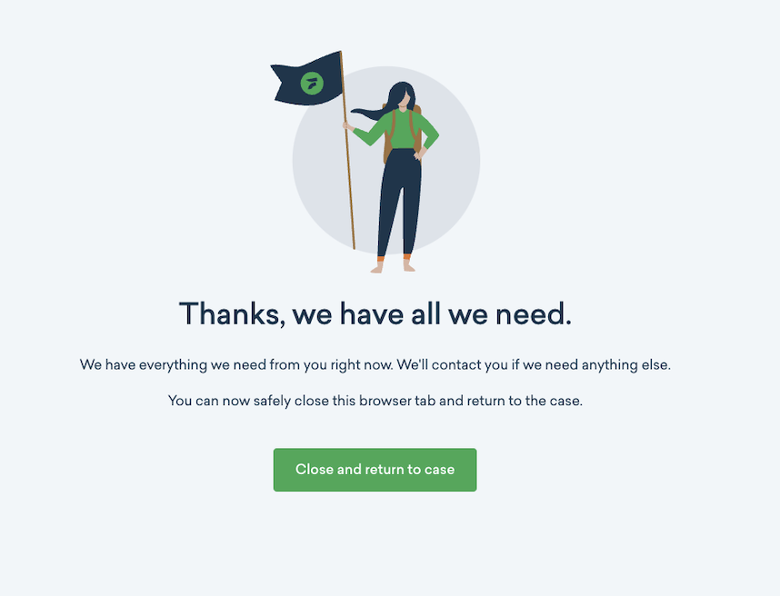 Confirmation screen shown after submitting the identity verification form.