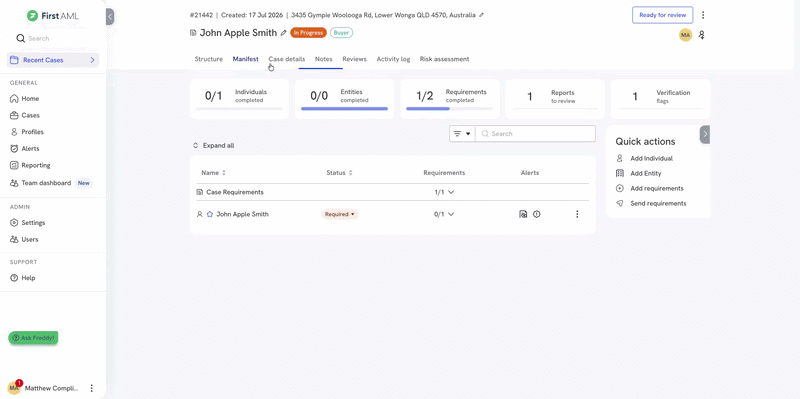 The Risk Assessment tab, showing the Reviews panel with the assigned reviewer's icon, the Submit Review button, and the calculated risk score alongside each answer.