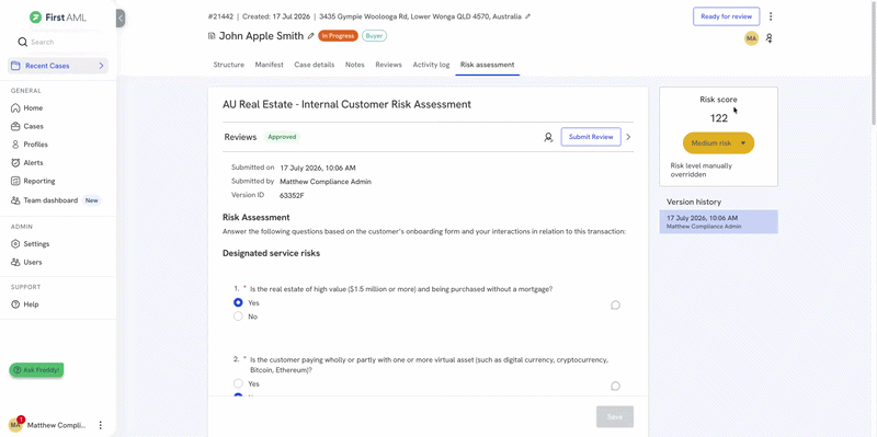 The Risk Assessment tab, showing the Risk score panel with the risk level dropdown, and the Overall comment field used to record the reason for an override.