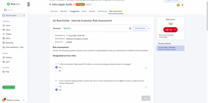 The Case Details tab, showing the AML profile section with the case's risk fields and the Edit button used to update them.