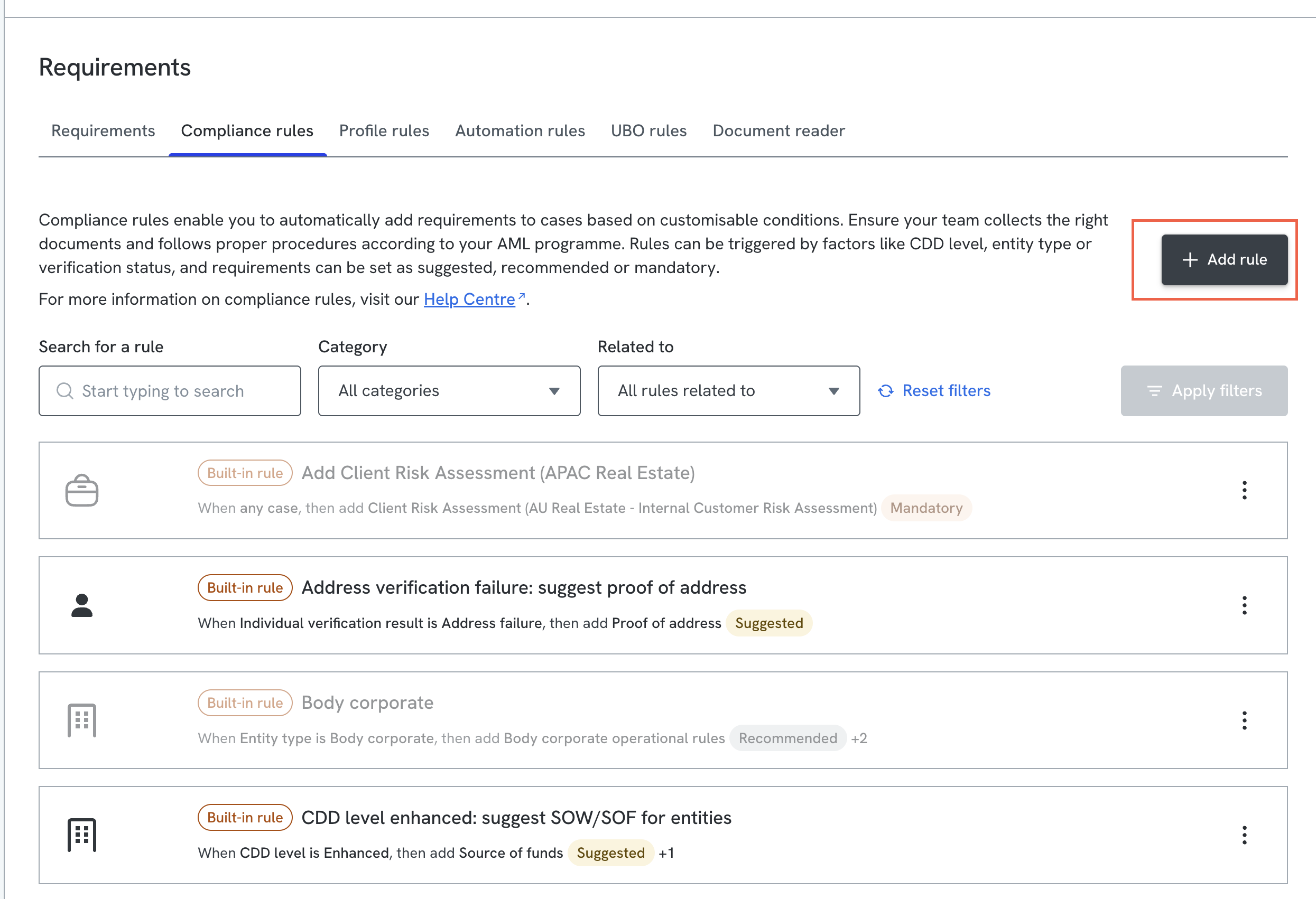Compliance rules list in Settings, showing existing rules and the Add rule button, used to open the rule builder.