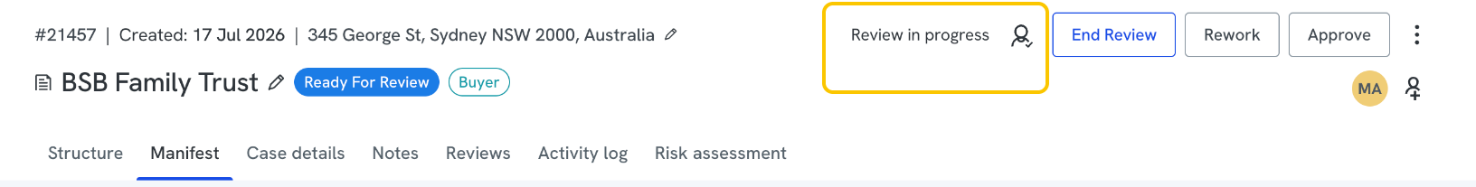 the case header after Start Review has been clicked, showing the "Review in progress" status alongside End Review, Rework, and Approve