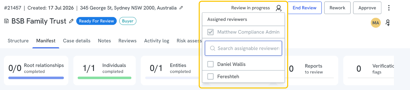 the "Assigned reviewers" panel, open with a search field and a list of users with checkboxes to add them as reviewers.