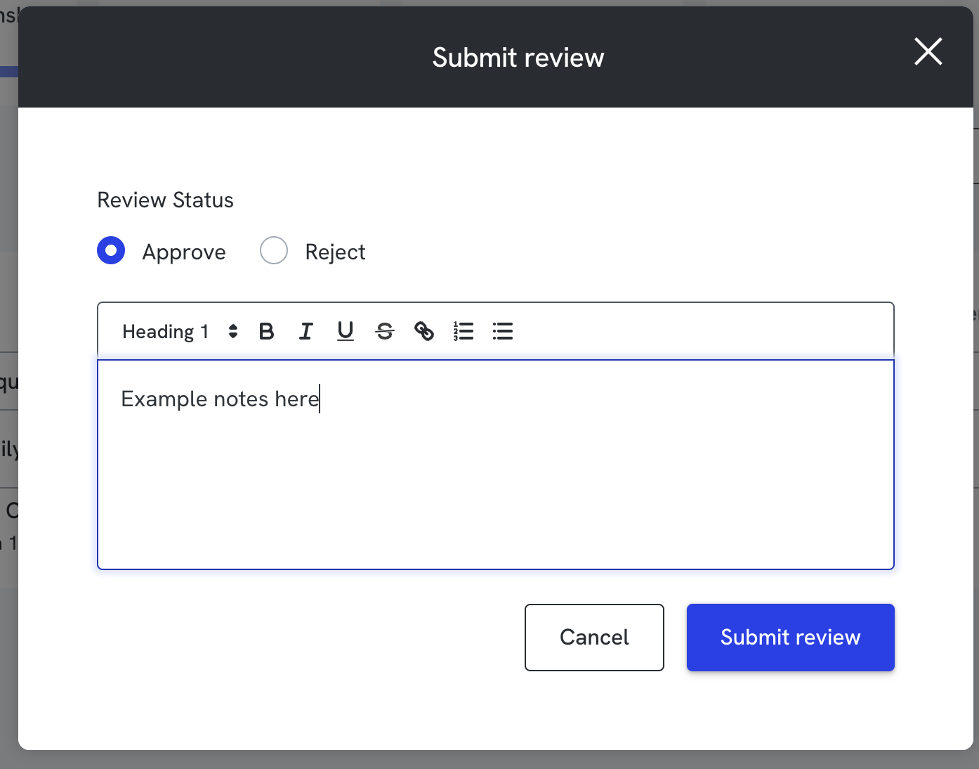 "Submit review" modal, showing Review Status radio buttons (Approve/Reject), a notes field, and Cancel, Submit Review, and Approve Case buttons.