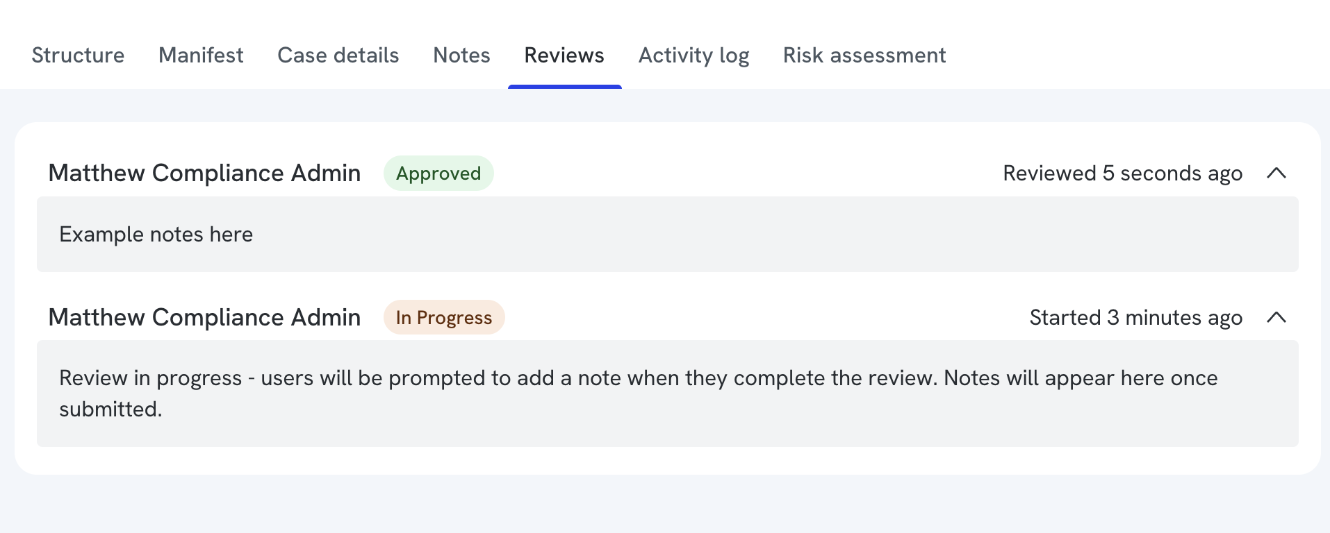 the Reviews tab showing a "Latest Reviews" entry marked In Progress with no summary yet, and an "Old Reviews" entry marked Approved.