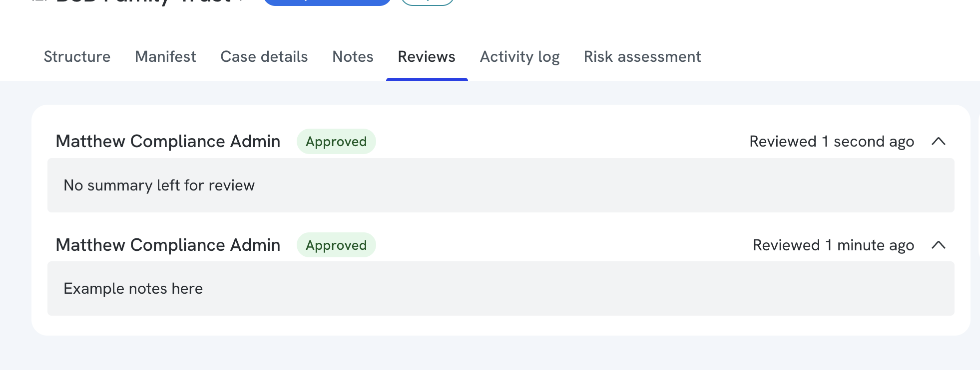 the Reviews tab after a review is submitted, showing the reviewer's name, an Approved status, and their notes.