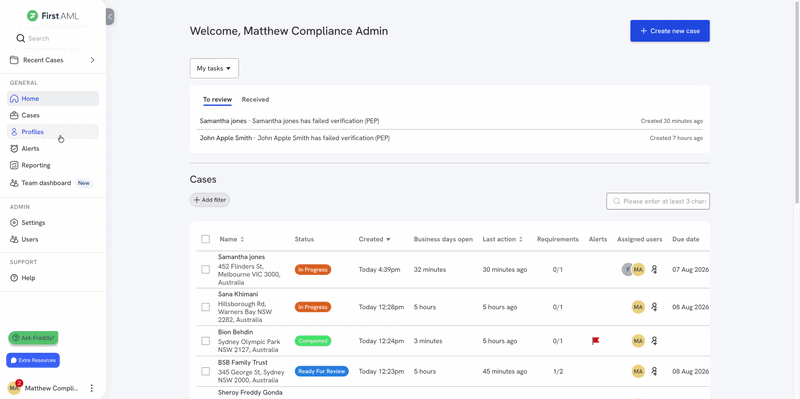 Animated walkthrough showing a user opening an individual or entity profile and selecting the Ongoing monitoring tab