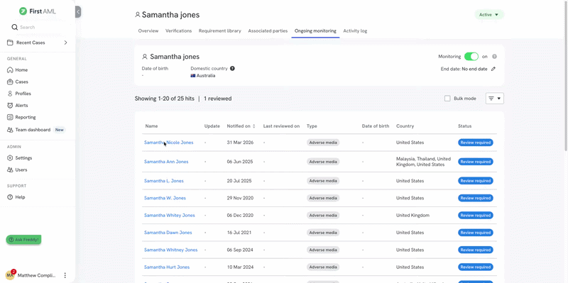 Animated walkthrough of the Ongoing Monitoring hit table, showing a user opening a hit, reviewing the linked source, ticking the checkbox, adding a note, and clearing the Review required status.