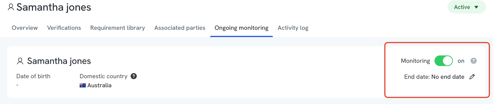 The Monitoring toggle in the top-right corner of the Ongoing monitoring tab, set to off.
