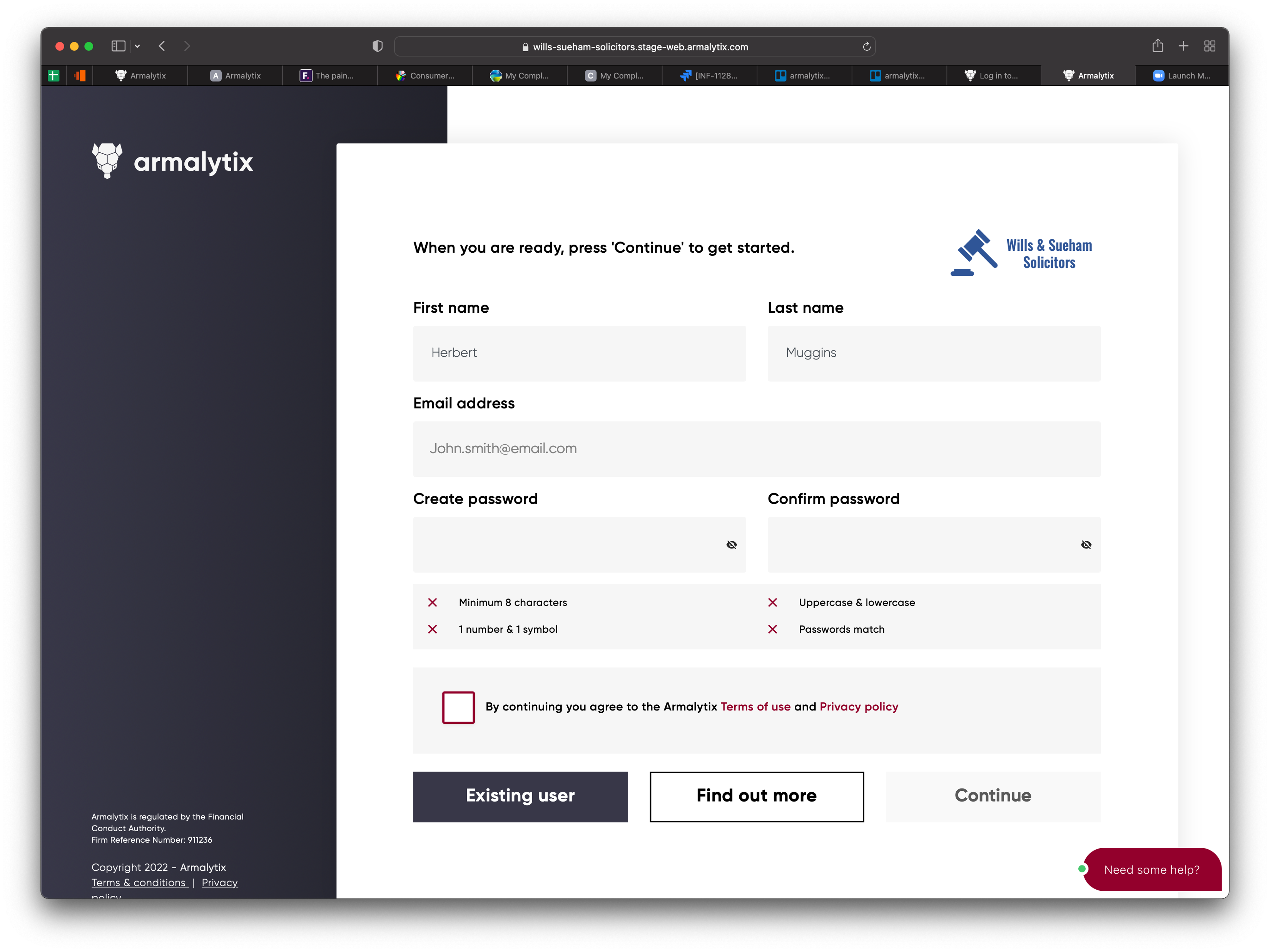 Armalytix create account screen showing first name, last name, email address, create password and confirm password fields, the four password requirements, a Terms and Conditions checkbox, and Existing user, Find out more and Continue buttons.