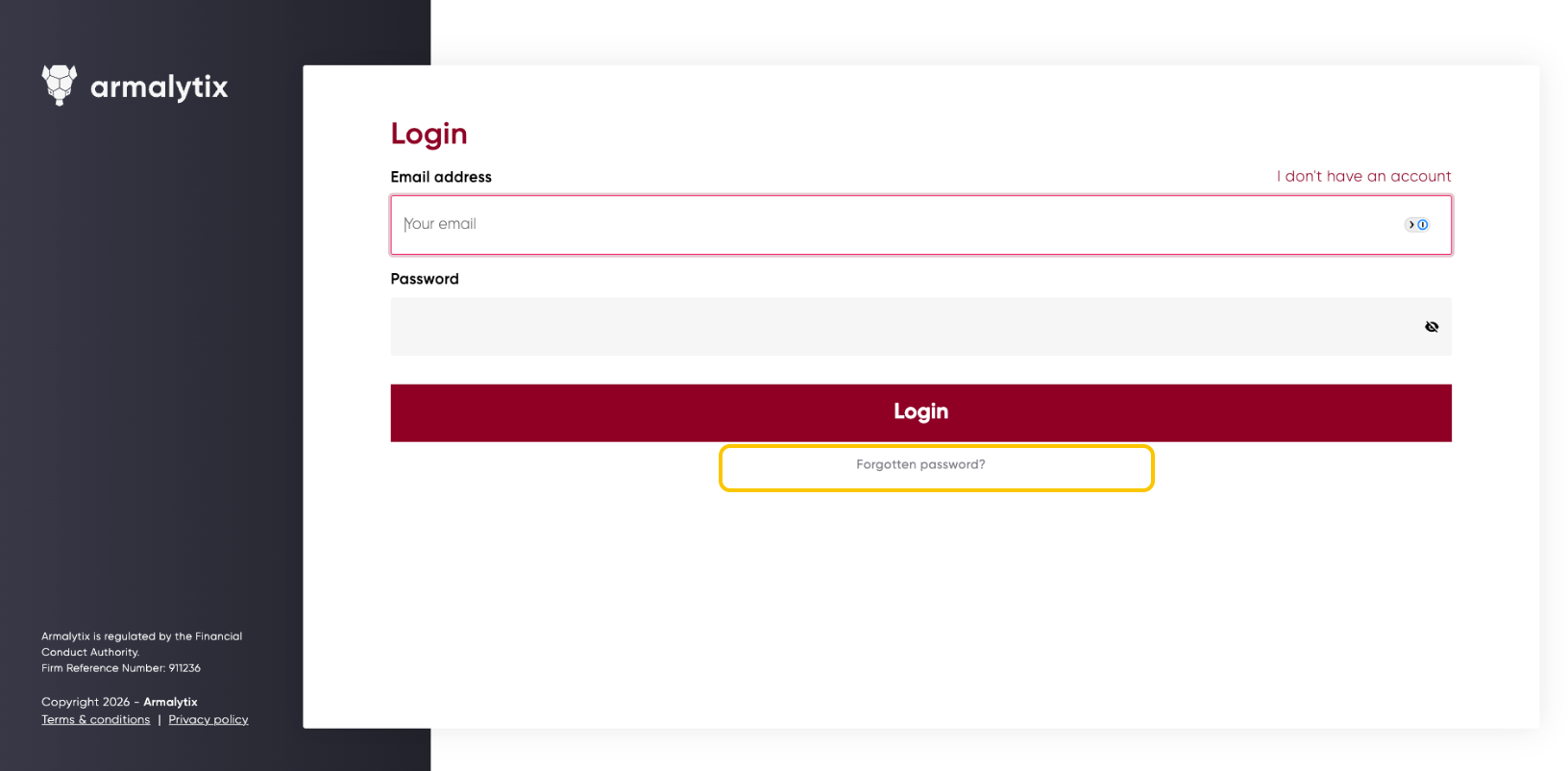 Armalytix login screen showing email address and password fields, a Login button, a Forgotten password link, and an 'I don't have an account' link.