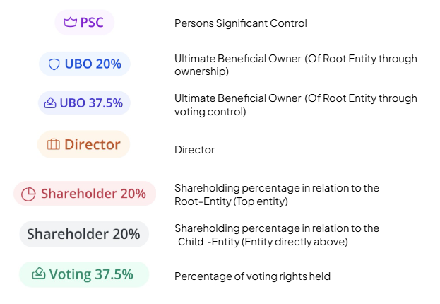 "Tag list showing the PSC, UBO, Director, Shareholder and Voting tags as they appear next to entities in an unwrapped company structure,