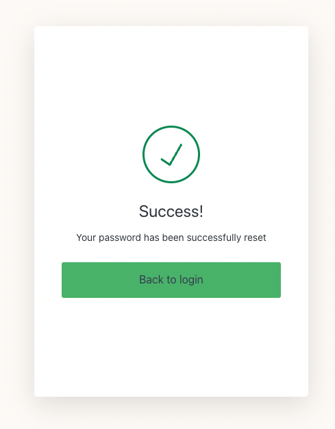The success screen with the "Back to login" button.