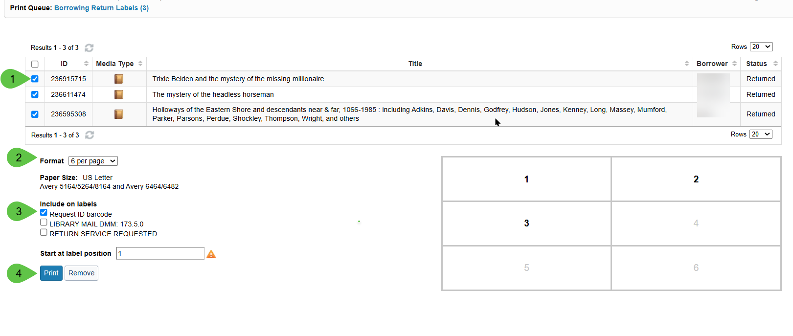 Image of print queue options, format request ID and print button