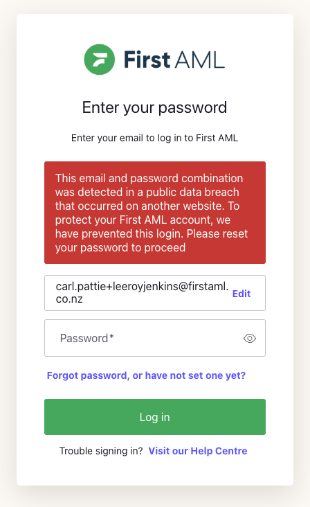 The login screen showing the breached password message
