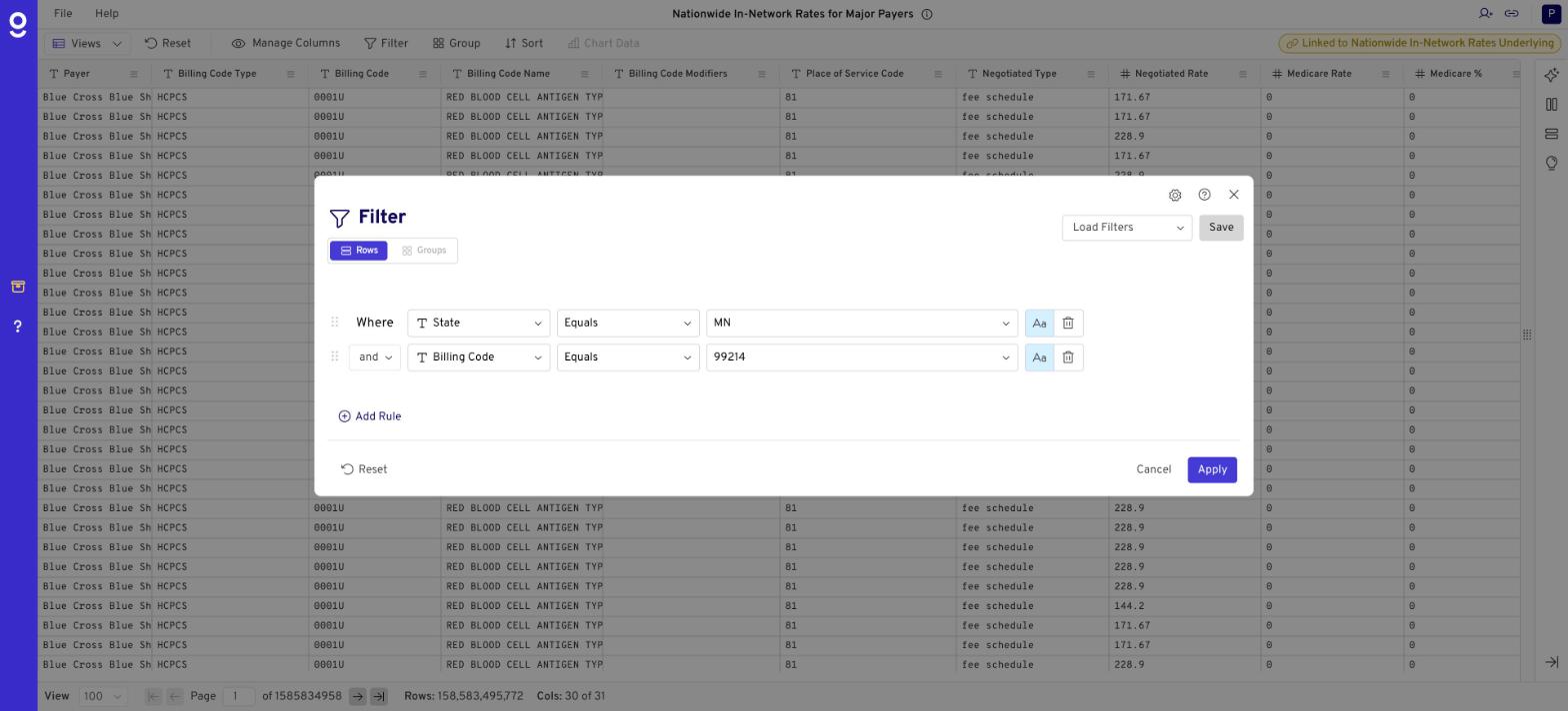 Gigasheet filter panel filtering national negotiated rate data by State equals MN and Billing Code equals 99214 with Match Case on