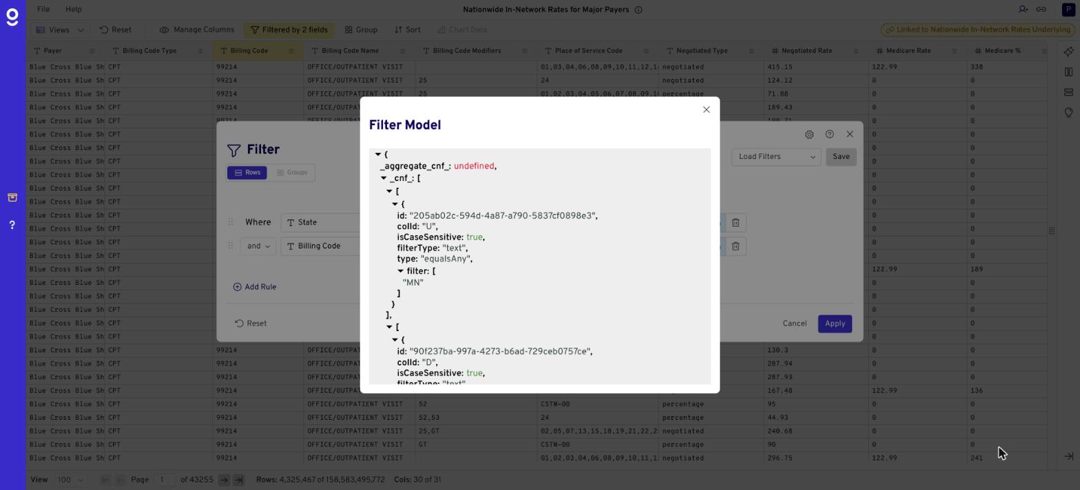 Gigasheet Filter Model view showing the API request body behind the current filter