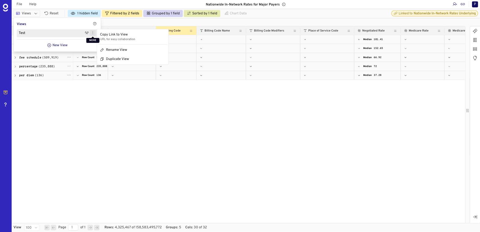 Gigasheet Views menu showing New View and the Copy Link to View option for sharing a saved query