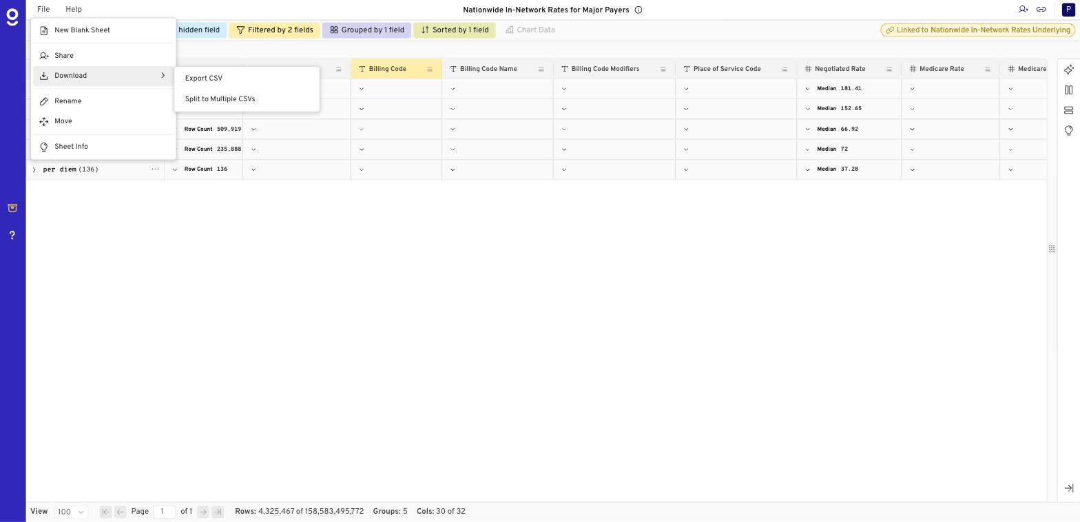 Gigasheet File menu with Download expanded, showing Export CSV and Split to Multiple CSVs