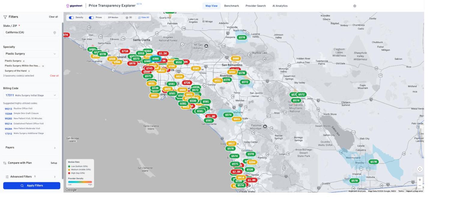 Gigasheet Price Transparency Explorer map of Southern California showing ZIP-level median negotiated rates for CPT 17311 color-coded into low, medium, and high tiers