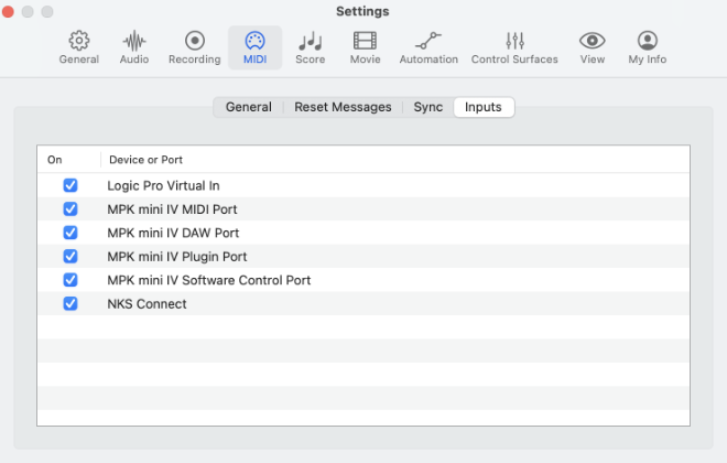 Logic Pro MIDI inputs with the controller ports and NKS Connect enabled.Logic Pro Settings, MIDI tab, Inputs view, listing the MPK mini IV ports and NKS Connect.