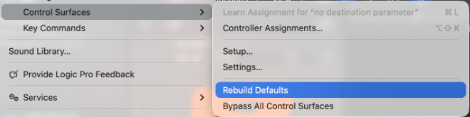 Logic Pro Control Surfaces menu with Rebuild Defaults selected.Logic Pro menu with the Control Surfaces submenu open and Rebuild Defaults highlighted.
