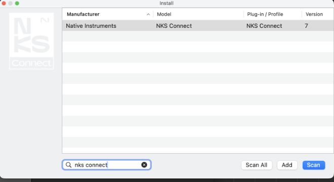Logic Pro Install dialog with NKS Connect selected.Logic Pro Install dialog with "nks connect" typed in the search field and one result: Manufacturer Native Instruments, Model NKS Connect, Plug-in / Profile NKS Connect, version 7.