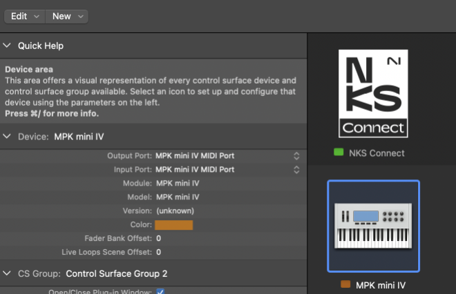 Logic Pro control surface setup with NKS Connect and the MPK mini IV.Logic Pro Control Surface Setup window showing the NKS Connect device and an MPK mini IV device, with Output Port and Input Port set to MPK mini IV MIDI Port.