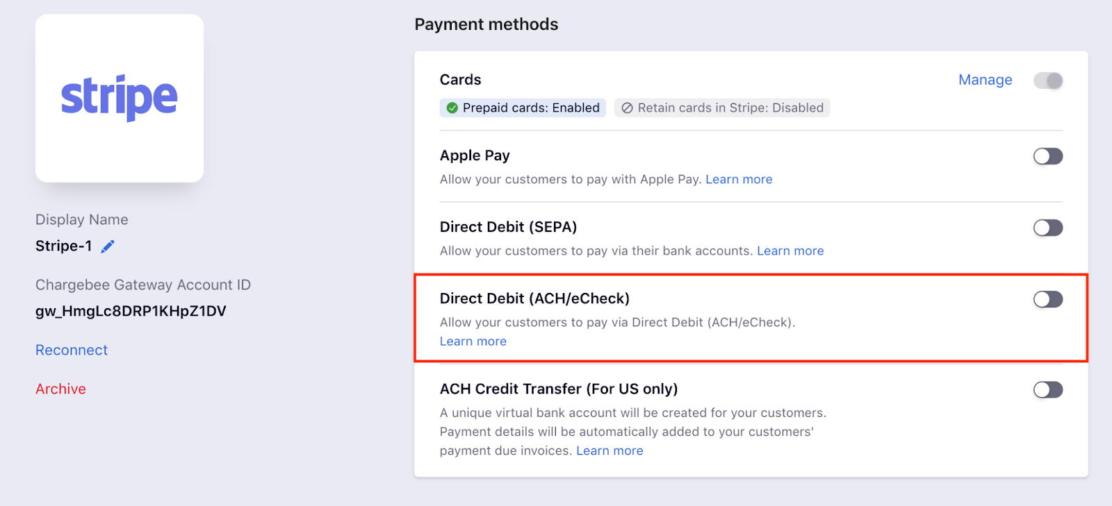How to disable all payment methods and allow only ACH? Chargebee Help
