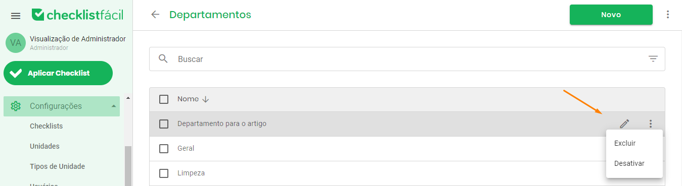 Tela de gerenciamento de departamentos