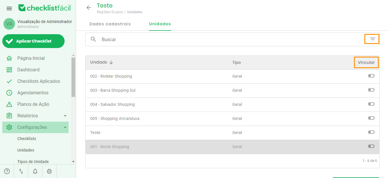 Tela de seleção de unidades para vínculo