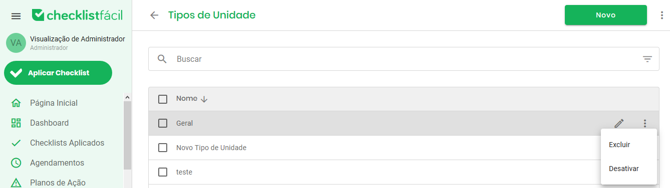 Tela de listagem de tipos de unidade
