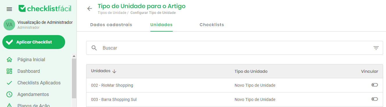Aba de seleção de unidades
