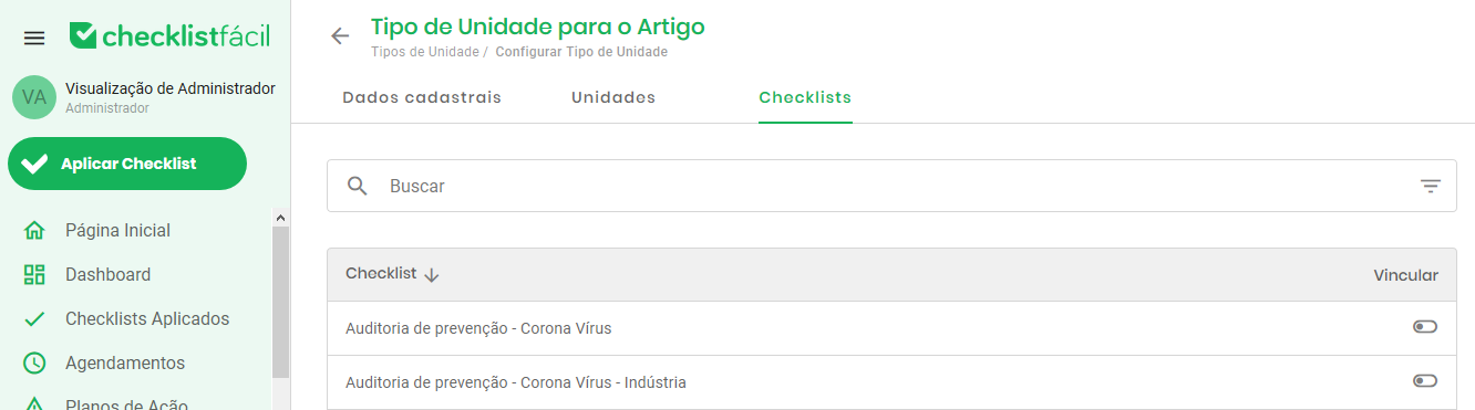 Aba de seleção de checklists