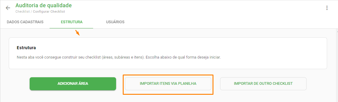 Botão de importar itens via planilha