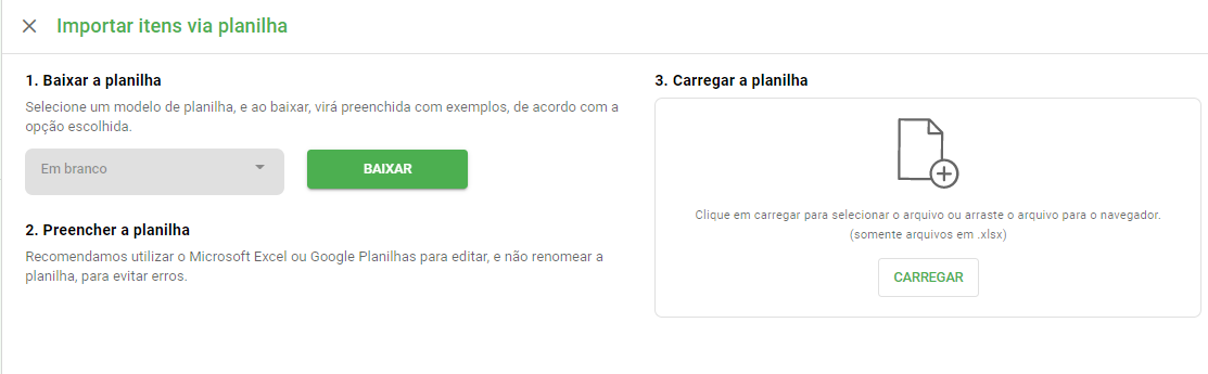 Janela de importação de planilha