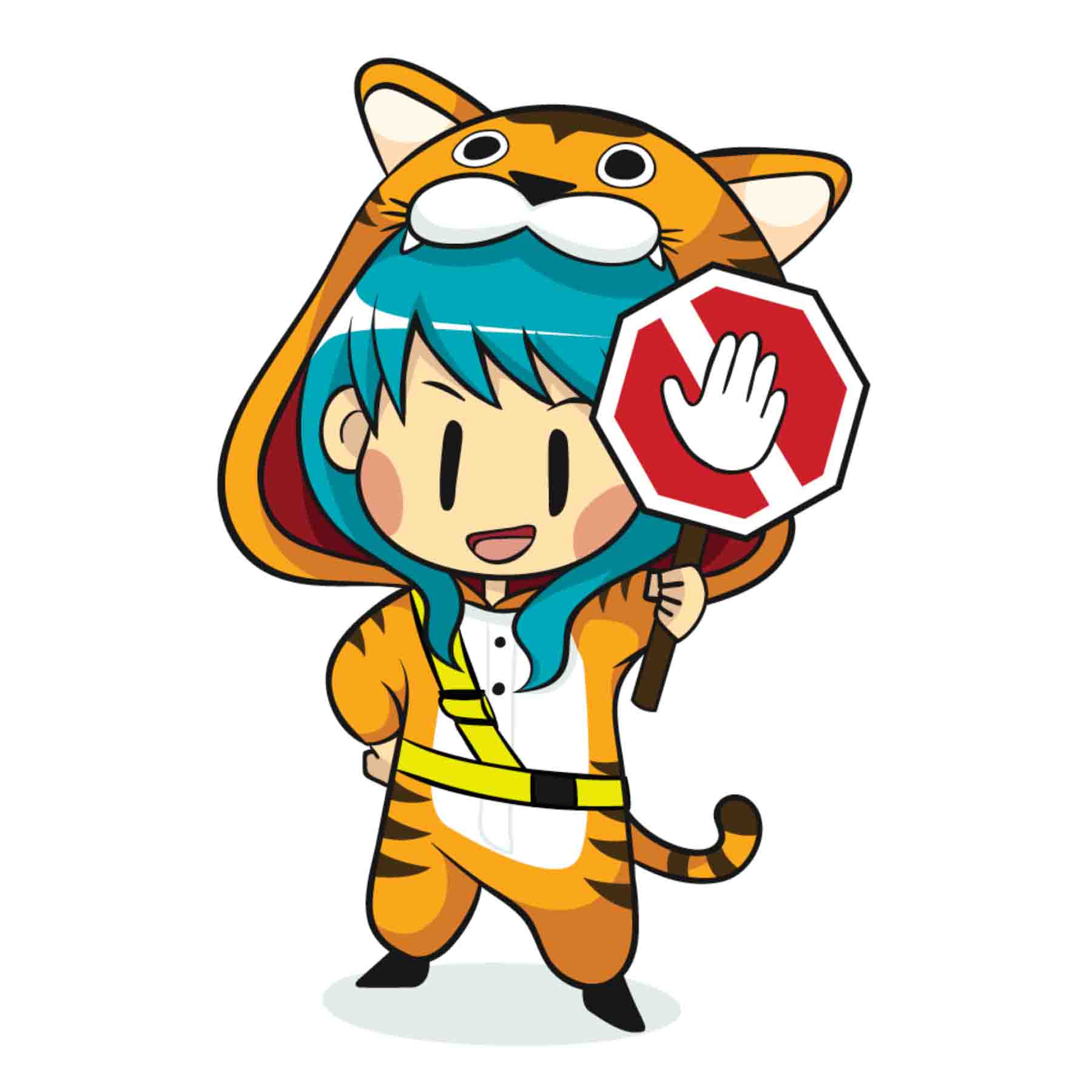 image of Chikara character - a girl with teal hair, dressed in a tiger kigurumi, and holding a red stop sign.