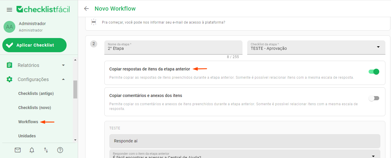 Opção de copiar respostas no workflow