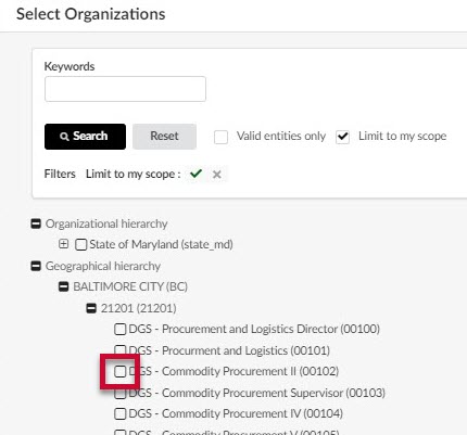 The checkbox for an organization.