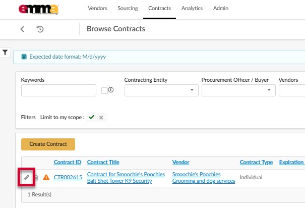 The Edit or pencil icon for a Contract. 