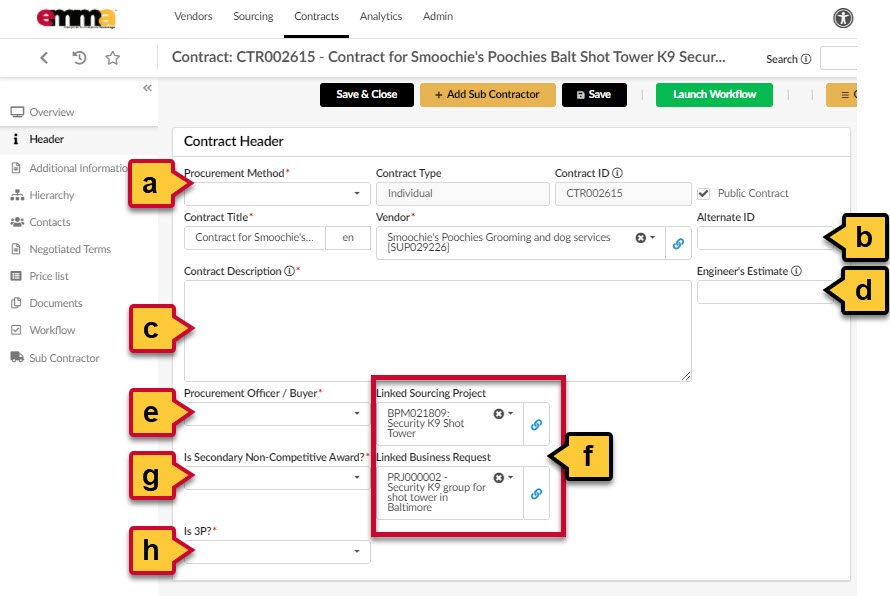 A diagram of the fields in the Contract Header section. 