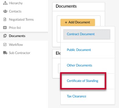 The Certificate of Standing option in the drop-down menu.