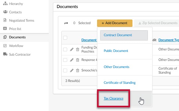 The Add Document button and the Tax Clearance option from the drop-down menu.