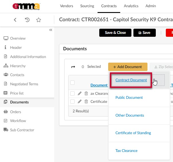 The Add Document button and the Contract Document option from the drop-down menu. 