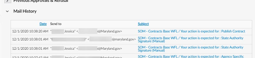 The Mail History section expanded.