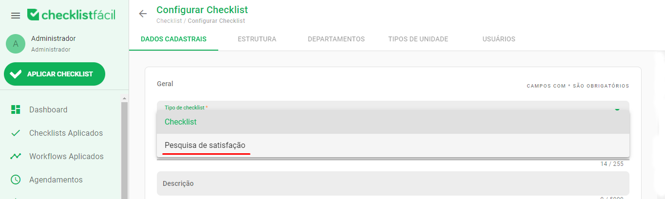 Selecionando Tipo Pesquisa de Satisfação