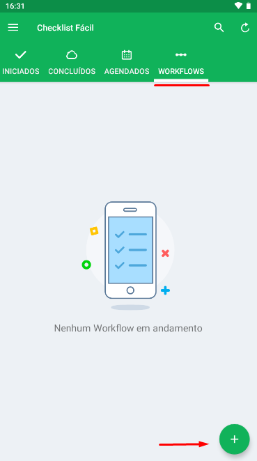 Tela de início de workflow