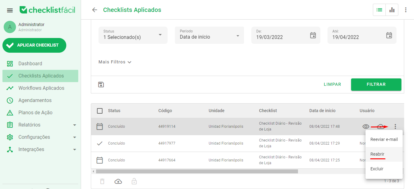 Botão de reabrir checklist