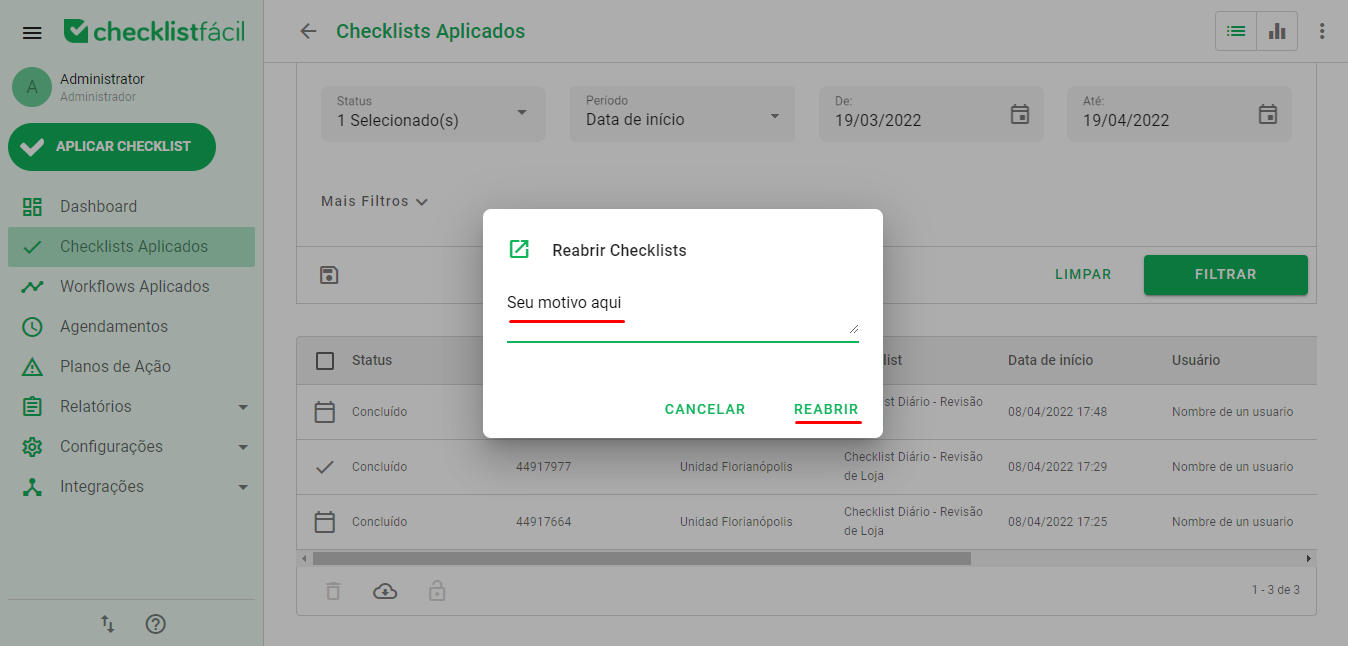 Janela de confirmação de reabertura